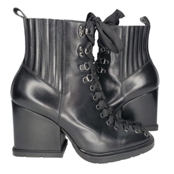 Santoni Leather Lace Up Block Heel Combat Boots - Picture 5 of 8